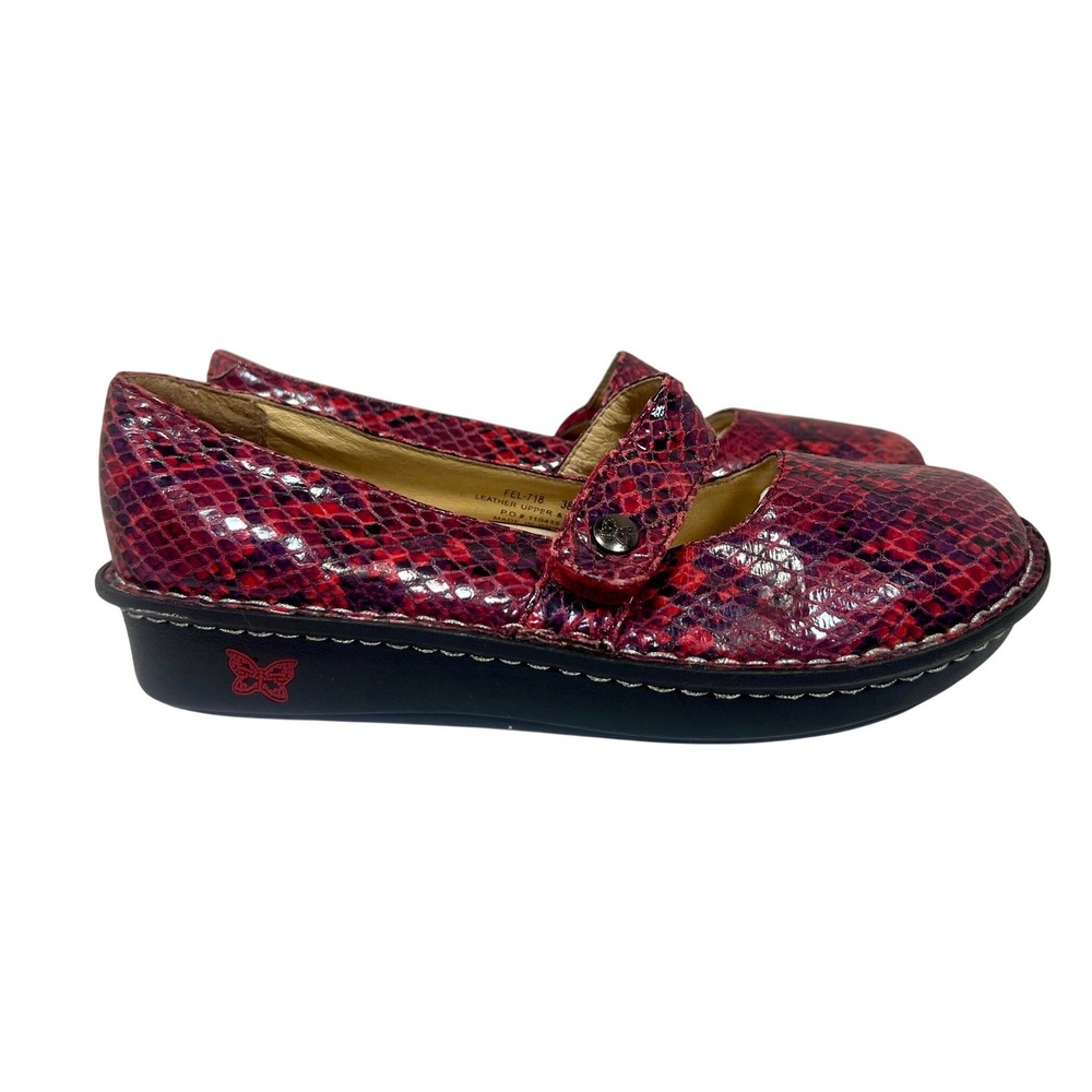 Alegria Womens Red Snakeskin Leather Mary Jane Clogs Shoes Size 38 EU 8 US